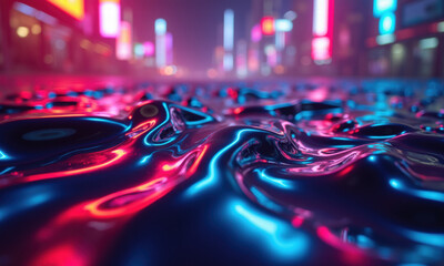 Abstract Neon Liquid Waves Reflecting City Lights