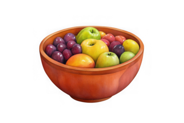 Bowl of fruits apples grapes plums pears oranges healthy food still life illustration painting isolated on transparent background
