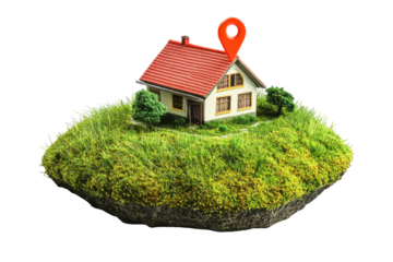Miniature house with red roof and location pin on grassy island isolated on transparent background. Red location pin above a miniature house on a grassy hill isolated on white background.