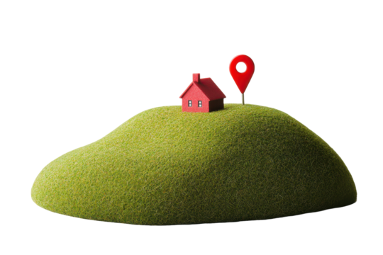 Small red house and location pin on green hill isolated on transparent background. Red location pin above a miniature house on a grassy hill isolated on white background.