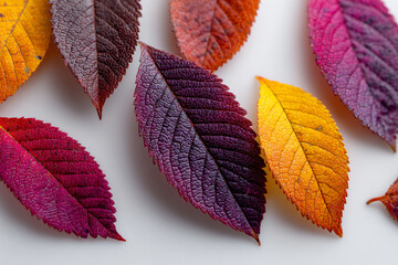 Arrangement of multicolored autumn leaves on white