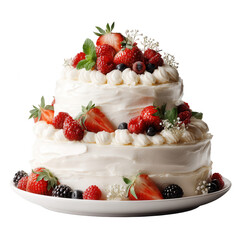 Two-tiered white cake, adorned with fresh strawberries, raspberries, blackberries, blueberries, and sprigs of mint