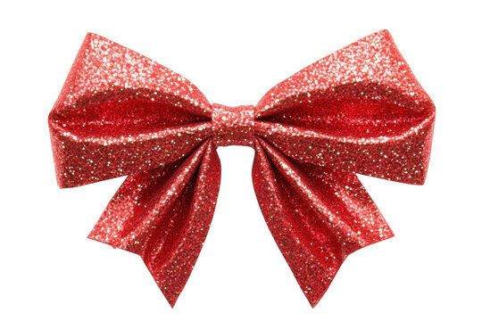 Shiny red sequin bow isolated on transparent background. Red ribbon bow with sparkle isolated on white background.