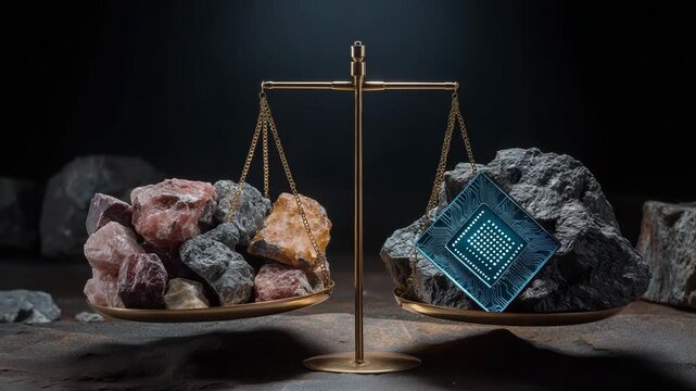 Scale with two rocks on each side. dramatic scale weighing raw rare earth minerals on one side and advanced AI microchip on the other, symbolic power struggle, rare earth export