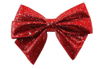 Shiny red sequin bow isolated on transparent background. Red ribbon bow with sparkle isolated on white background.
