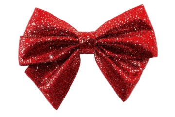 Shiny red sequin bow isolated on transparent background. Red ribbon bow with sparkle isolated on white background.