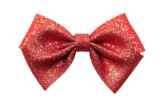 Shiny red sequin bow isolated on transparent background. Red ribbon bow with sparkle isolated on white background.