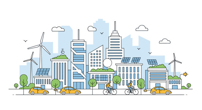 Modern sustainable city skyline with renewable energy sources and green spaces promoting eco-friendly urban living and transportation options