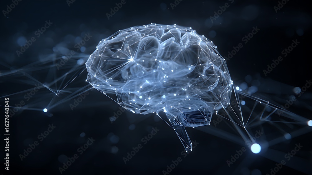 Poster human brain model with connecting nodes and lines on dark background