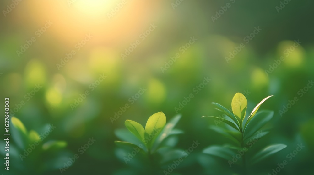 Poster sunlit tranquility a serene escape into nature s lush greenery with soft bokeh and gentle light