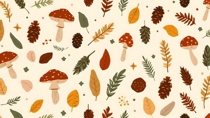 Autumn Woodland Seamless Pattern with Mushrooms and Leaves