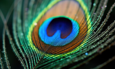 Naklejka premium Close-up of a vibrant peacock feather with an iridescent eye pattern