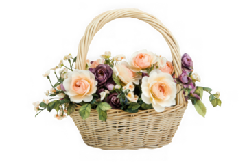 Floral basket with roses, daisies, and green leaves arrangement in wicker basket, flower decoration, isolated on transparent background