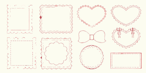 Collection of decorative hand drawn frames and borders with scalloped edges and heart shapes in a soft pink hue