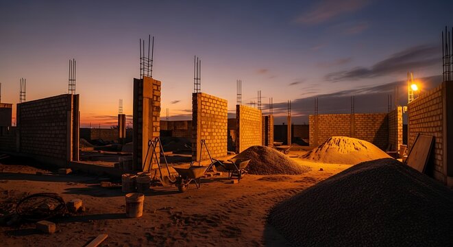 Twilight casting light on a construction site initiating its foundational framework and structures