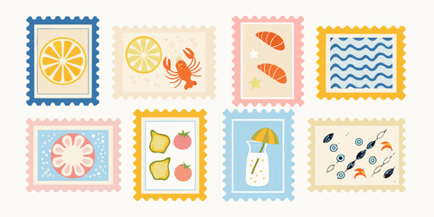 Collection of eight colorful flat design postage stamps featuring summer themes and food illustrations