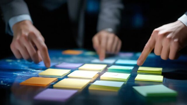 Collaborative brainstorming session with colorful sticky notes