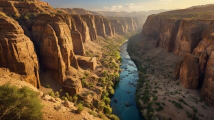 An epic natural scene from Grand Canyon National Park in , where a river cuts through cliffs and desert landscapes under a vast sky