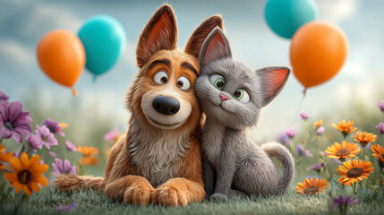 Charming cartoon depiction of cat and dog sharing loving hug amid vibrant flowers and balloons in spring meadow. expressive eyes. themes of friendship, affection, harmony, joyful companionship.