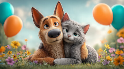 Adorable Cartoon Cat and Dog Embracing in a Floral Spring Meadow