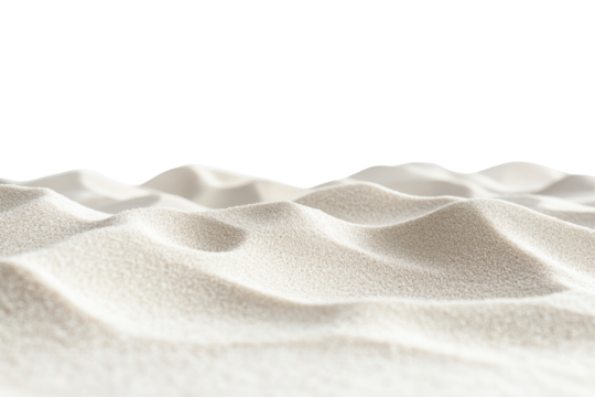 Close up of fine white sand dunes isolated on transparent background. Sand of dust isolated on white background.
