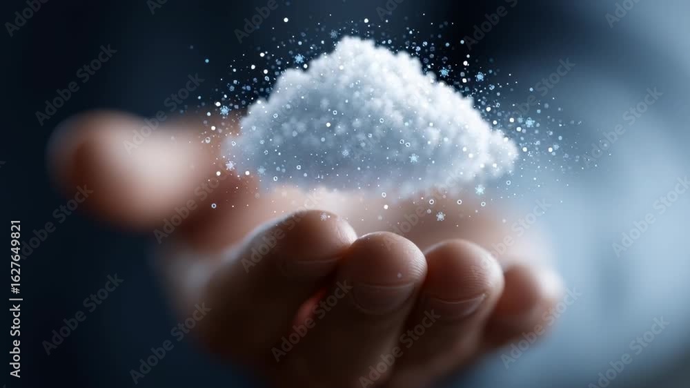 Poster abstract holographic projection of a cloud floating above a hand creating a surreal visual atmospher