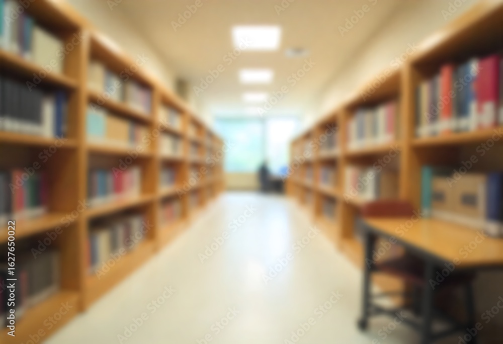 Poster generative ai a blurred view of an empty library with wooden bookshelves filled with books