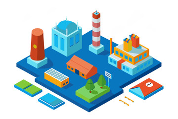 Isometric industrial complex with factory buildings and smokestacks