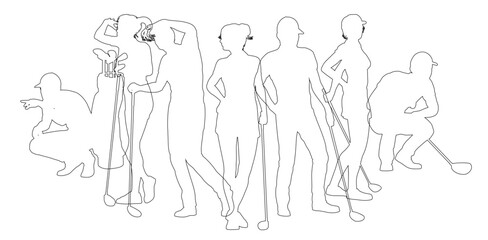 Silhouette golf player set. Active golfers golfing sports people healthy players fitness silhouettes concept.