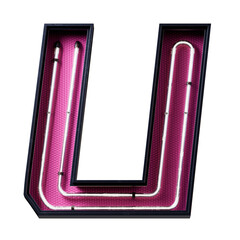 3D illustration of White Neon light alphabet character Capital letter U. Neon tube Capital letter...
