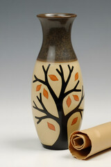 A handcrafted ceramic vase with a speckled dark brown and beige finish, featuring a stylized tree design with black branches and orange leaves on the front. The vase has a matte texture