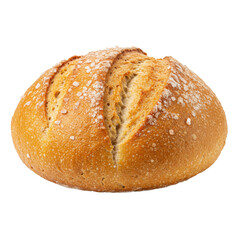 Golden crusty round loaf of sourdough bread dusted with flour — ideal for bakery, food styling, or homemade baking visuals.
