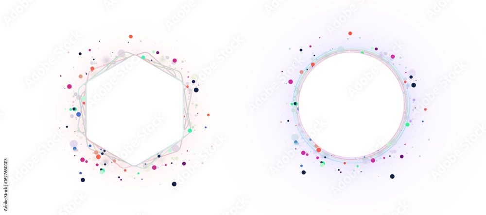 Poster bright abstract frames: circle and hexagon with colorful bokeh particles and smooth lines. beautiful