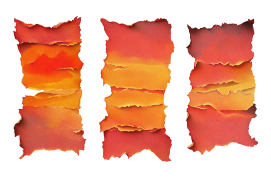Three vertical torn paper strips with warm gradient colors isolated on transparent background. Set of abstract burning torn paper pieces isolated on white background.