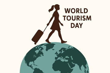 World Tourism Day 2025 vector poster with a woman pulling a suitcase, walking on planet Earth. Concept of tourism and travel SVG - 27 september