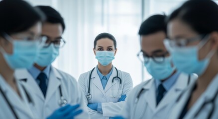 Medical teamwork, masked doctors and confident female leader in hospital for healthcare collaboration, safety protocol and professional coordination during pandemic or clinical consultation