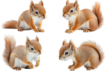 Four red squirrels posed in different positions isolated on transparent background. Set of baby cute squirrel isolated on white background.