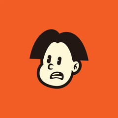 Cute cartoon boy face with happy expression, simple bold line art character on orange background. Perfect for stickers, kids branding, mascot, or retro pop art style