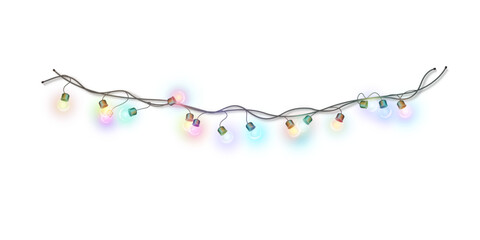 Bright glowing garlands with round multi-colored bulbs and soft highlights. Ideal for festive decoration of Christmas and New Year interiors on a white background.