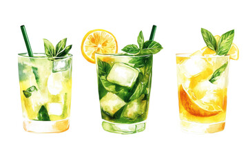 Three refreshing mojito cocktails with mint and lime isolated on transparent background. Set of caipirinha mojito cocktail with lemon isolated on white background.