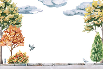 Rectangular frame with city park and lanterns. Isolated watercolor illustration for design of seasonal menus, announcements, excursion posters, printing on postcards.