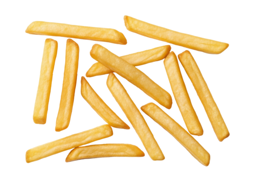 Multiple golden-brown french fries, crispy and scattered naturally on a pristine transparent surface, high-key studio aesthetic, ultra-realistic overhead 100mm macro shot. Culinary perfection food