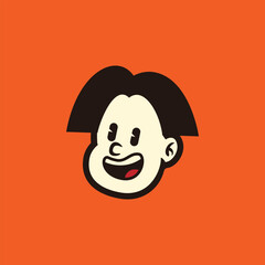 Cute cartoon boy face with happy expression, simple bold line art character on orange background. Perfect for stickers, kids branding, mascot, or retro pop art style