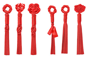 Collection of intricate red chinese knotting crafts isolated on transparent background. Set of chinese art traditional knot tying with vibrant red decorative ribbons isolated on white background.