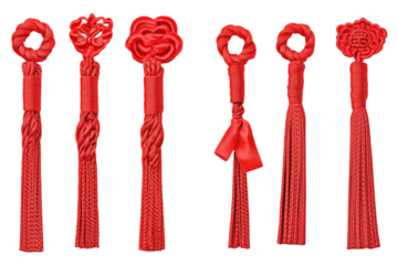 Collection of intricate red chinese knotting crafts isolated on transparent background. Set of chinese art traditional knot tying with vibrant red decorative ribbons isolated on white background.