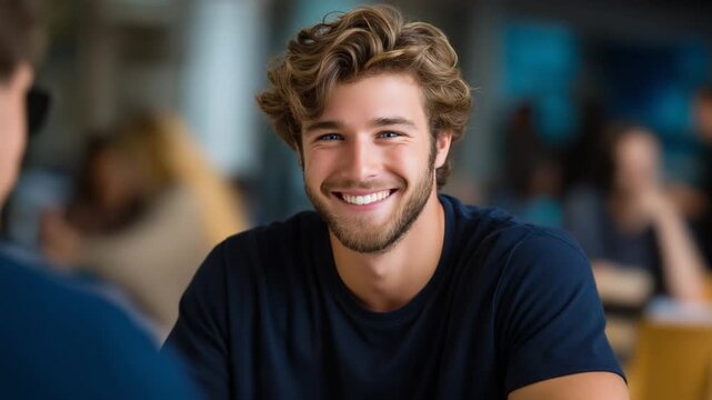 Young man enthusiastically sharing his idea in a casual and relaxed environment. Positive and engaging scene ideal for teamwork, brainstorming, creativity, business, and professional content
