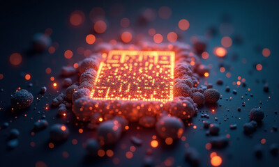Illuminated QR Code with Glowing Particles on Dark Background