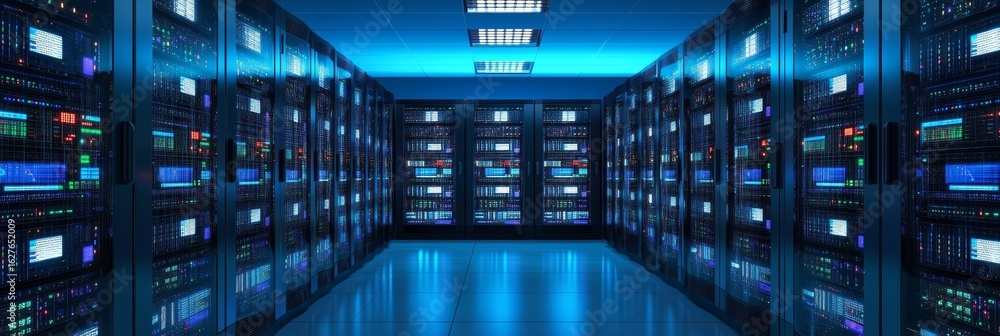 Poster illuminated high-tech data center featuring rows of blue neon rack cabinets and advanced technology