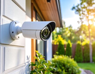 White security camera mounted on a light-colored house exterior, overlooking a lush green yard