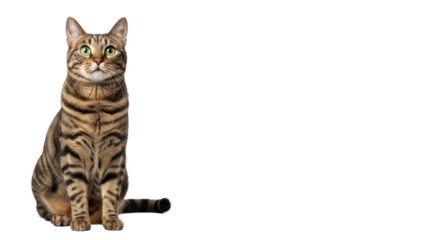 A domestic short-haired brown tabby cat with dark stripes and greenish-gold eyes sits attentively on a transparent studio background with copy space on the right, pet portraiture for advertising